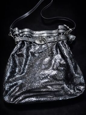 Coach Metallic Gathered Tote Gunmetal Silver NWOT UltraRare + Crystal Ball Charm